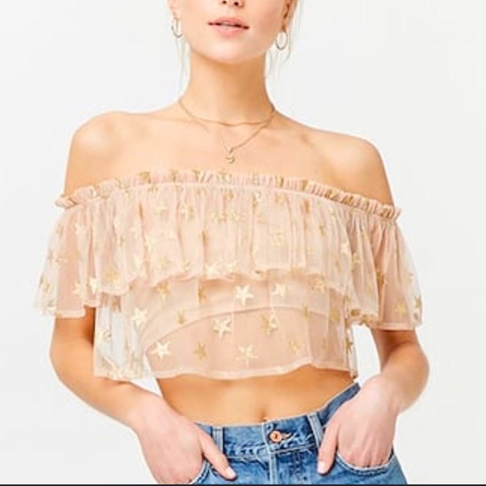 NWT forever 21 sheer glitter ruffle star crop top size large